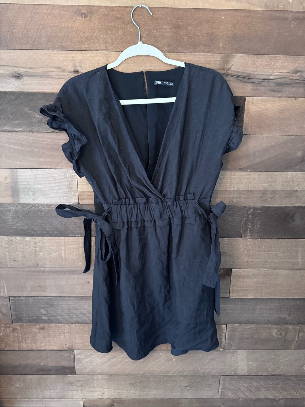Zara Black Wrap Tie-Waist Mini Dress with Ruffle Sleeves